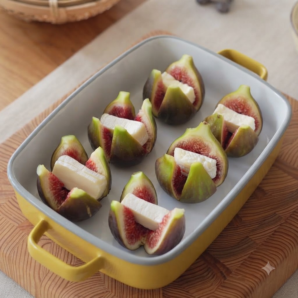 Stuffed figs arranged in a yellow-rimmed baking dish with chopped nuts sprinkled over them.