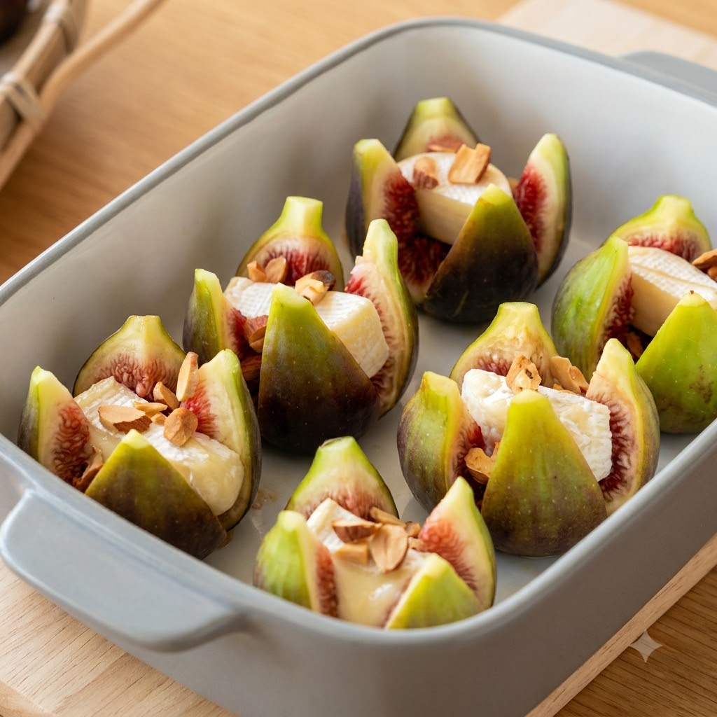Stuffed figs topped with pieces of ham and green rosemary sprigs inside a baking dish.