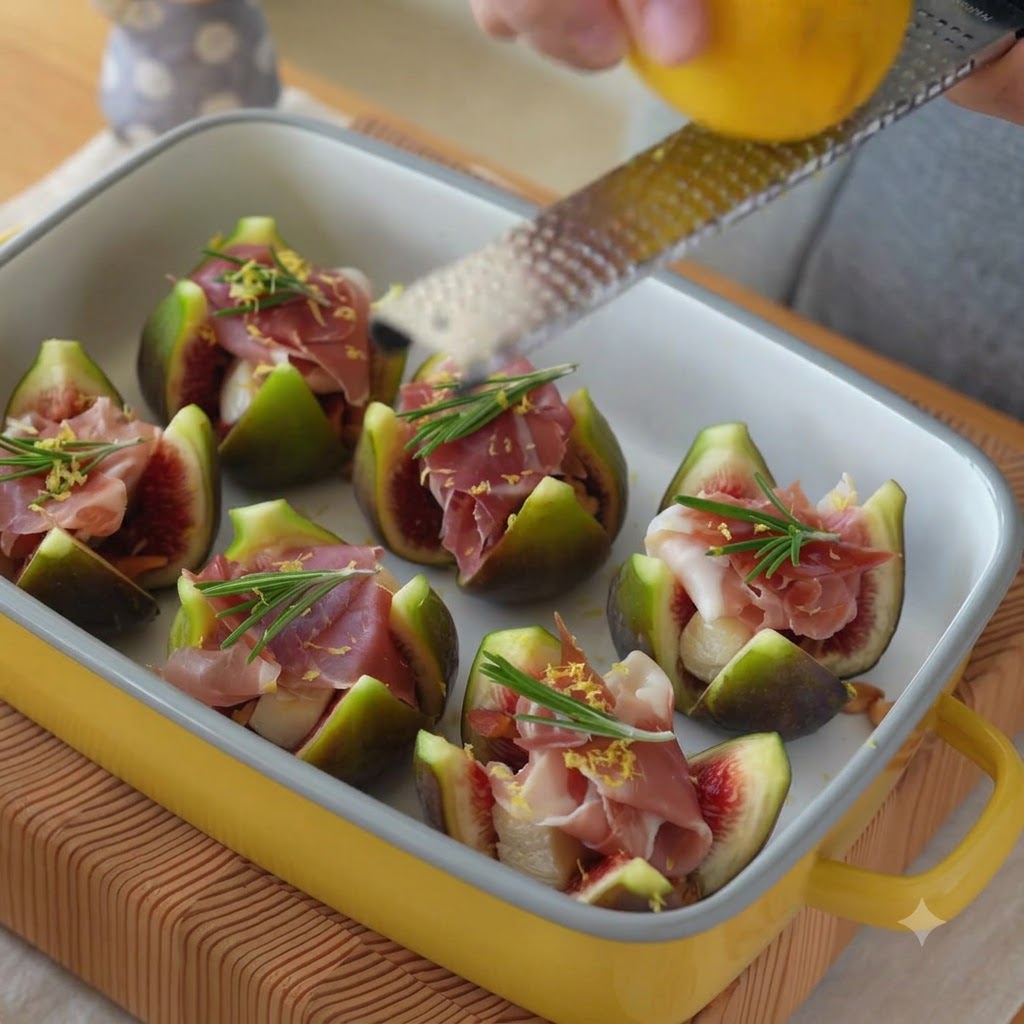 Golden honey being drizzled over a baking dish filled with stuffed figs and prosciutto.