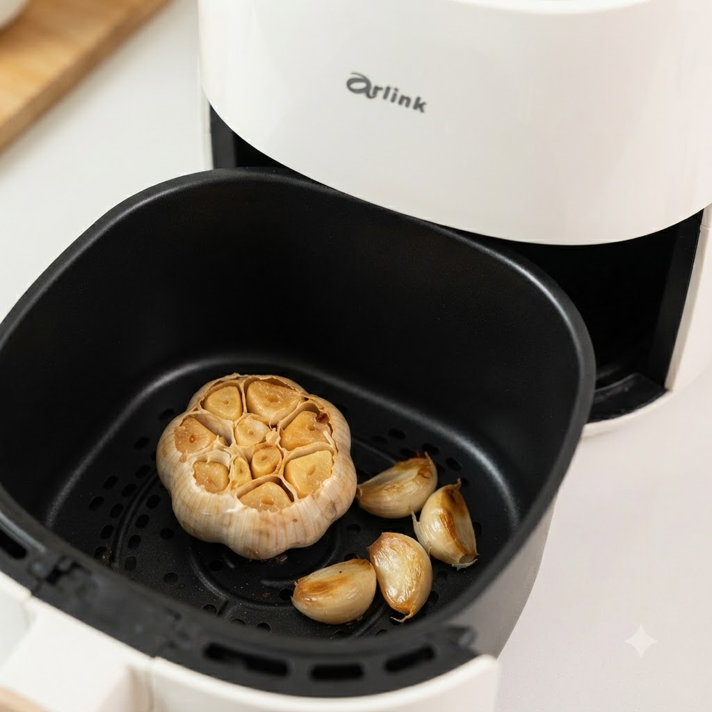 Roasted garlic inside an air fryer basket.