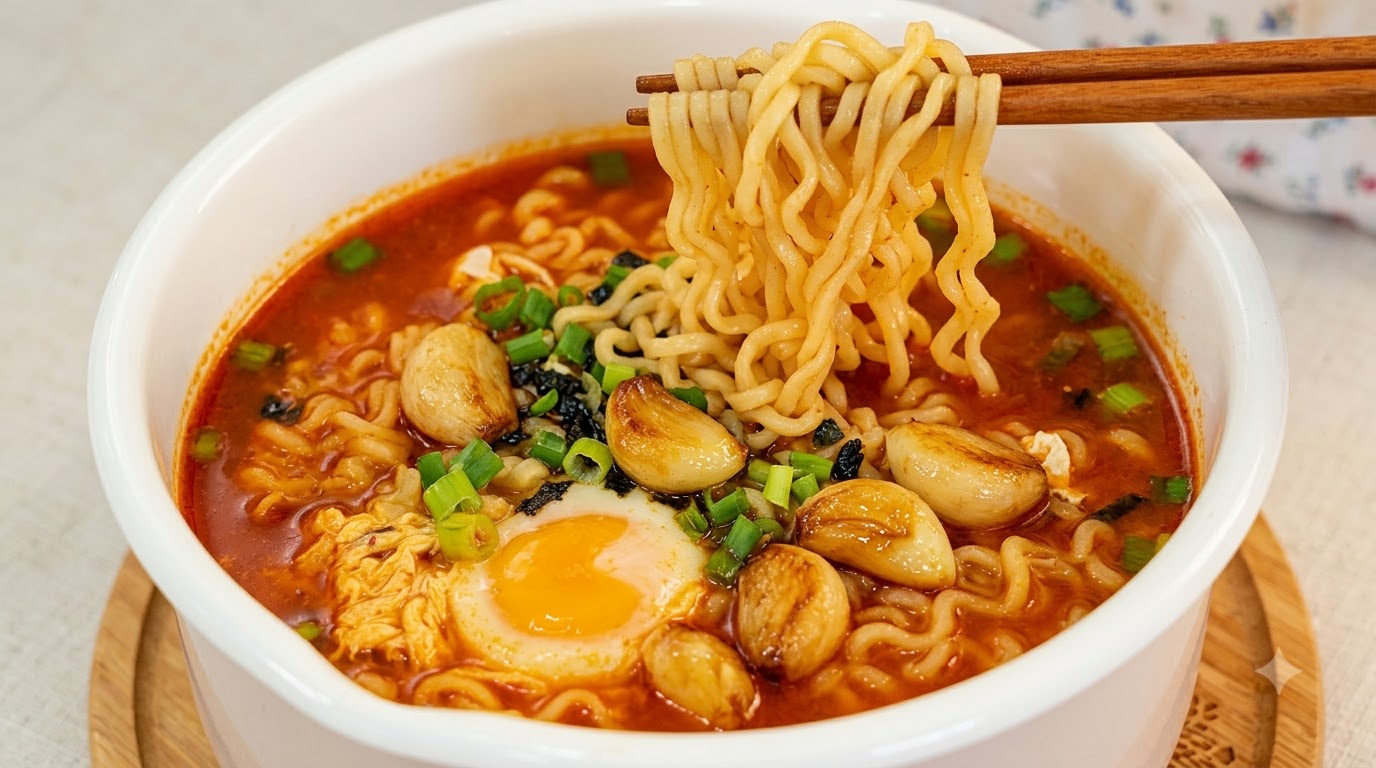 A comforting bowl of spicy Korean ramen garnished with soft roasted garlic, green onions, and a perfectly cooked egg.