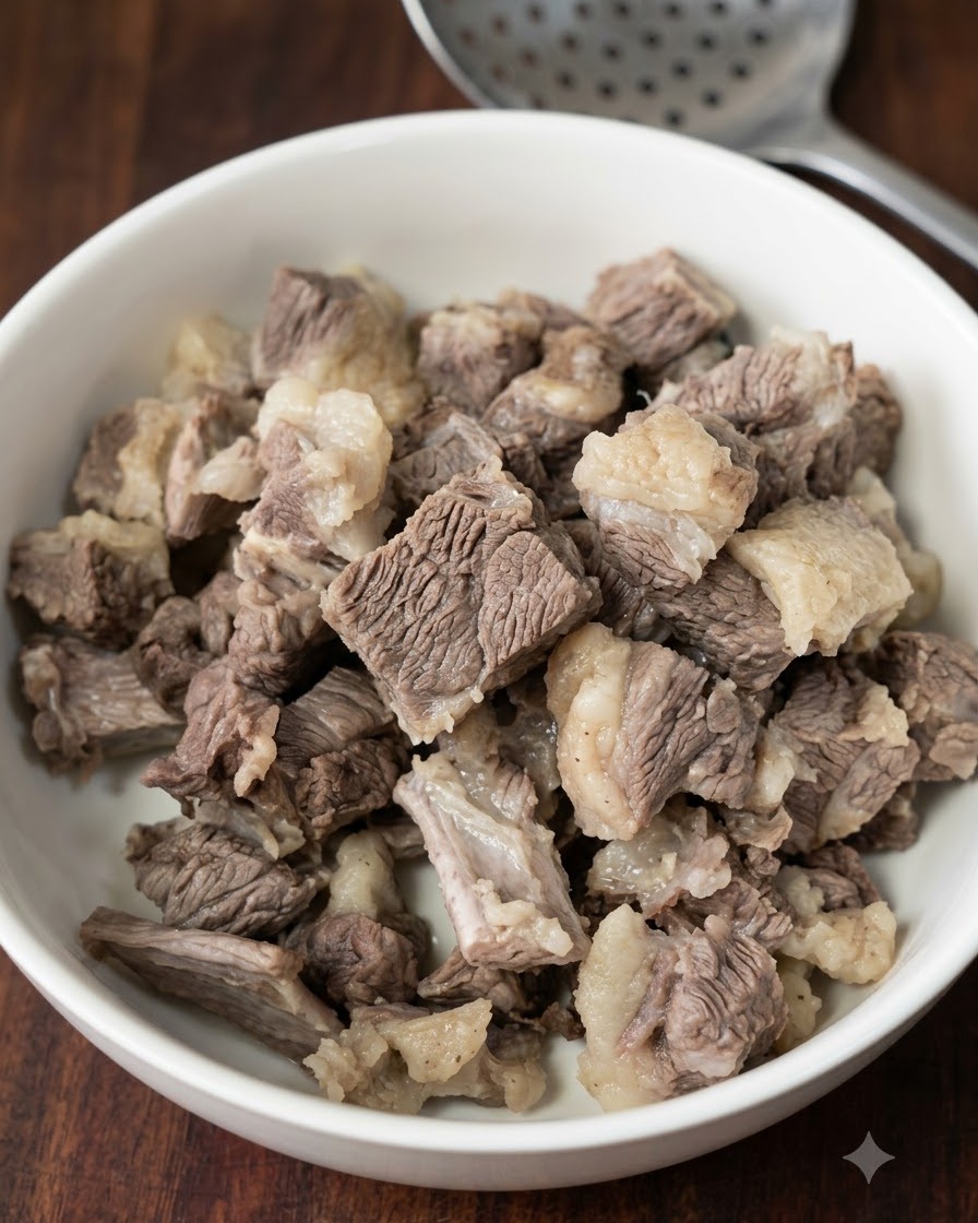 Blanched beef chunks gathered inside a white bowl with a slotted spoon resting above.