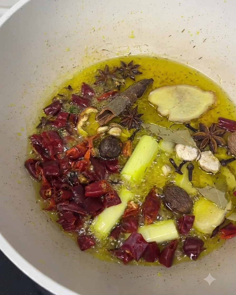 Slicing ginger, scallions, star anise, and dried red chilies sizzling in hot oil.