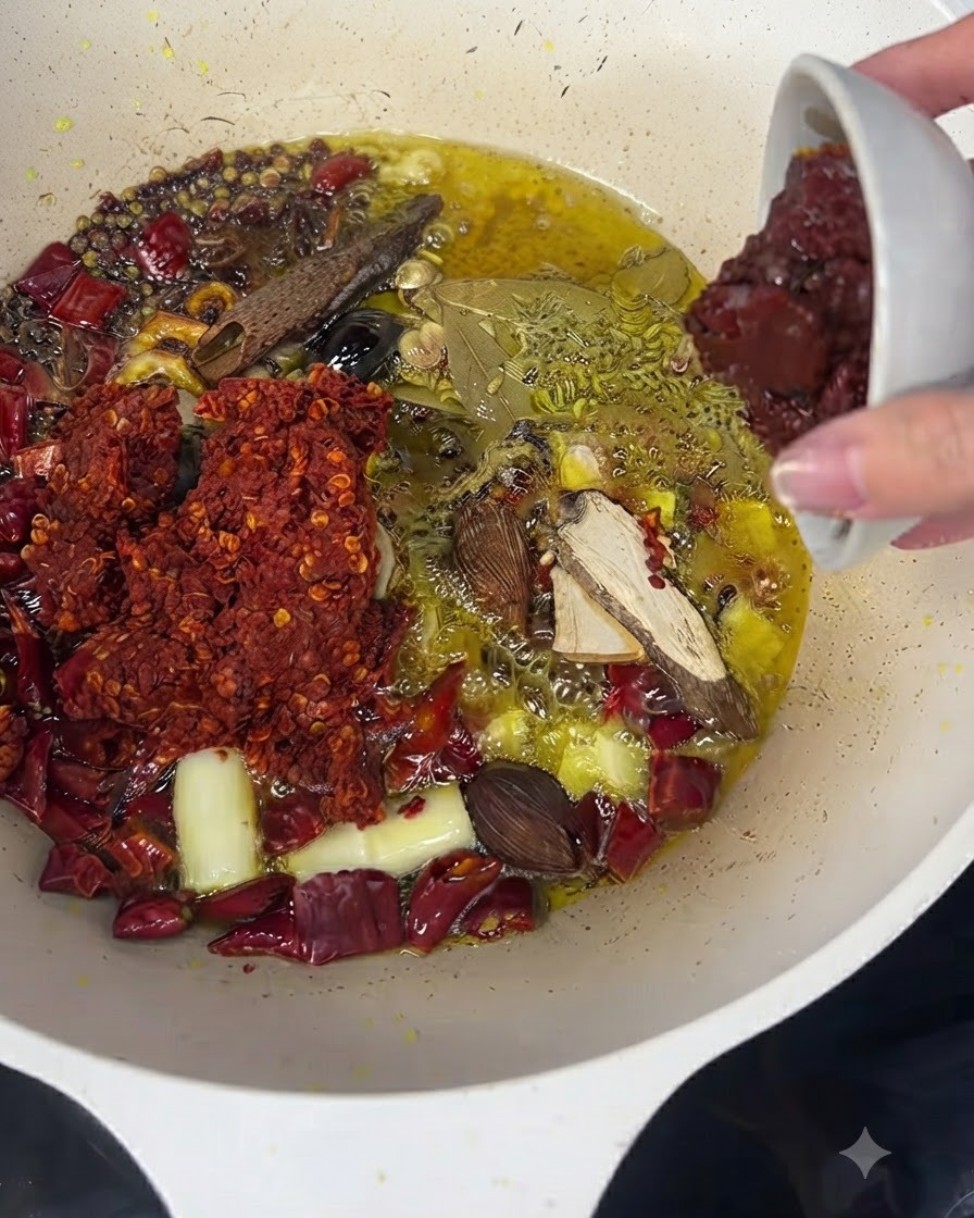 Dark red doubanjiang paste being tipped from a white small bowl into the frying spices.