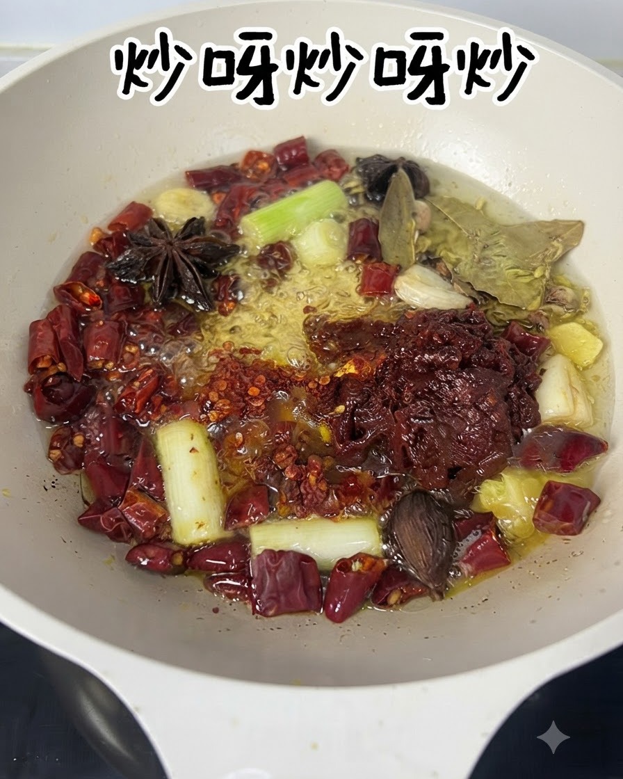 Spices and bean paste frying in oil with a spatula.