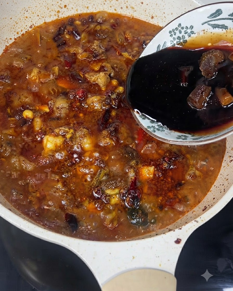 A patterned bowl pouring dark liquid seasonings into a simmering pot of beef broth.