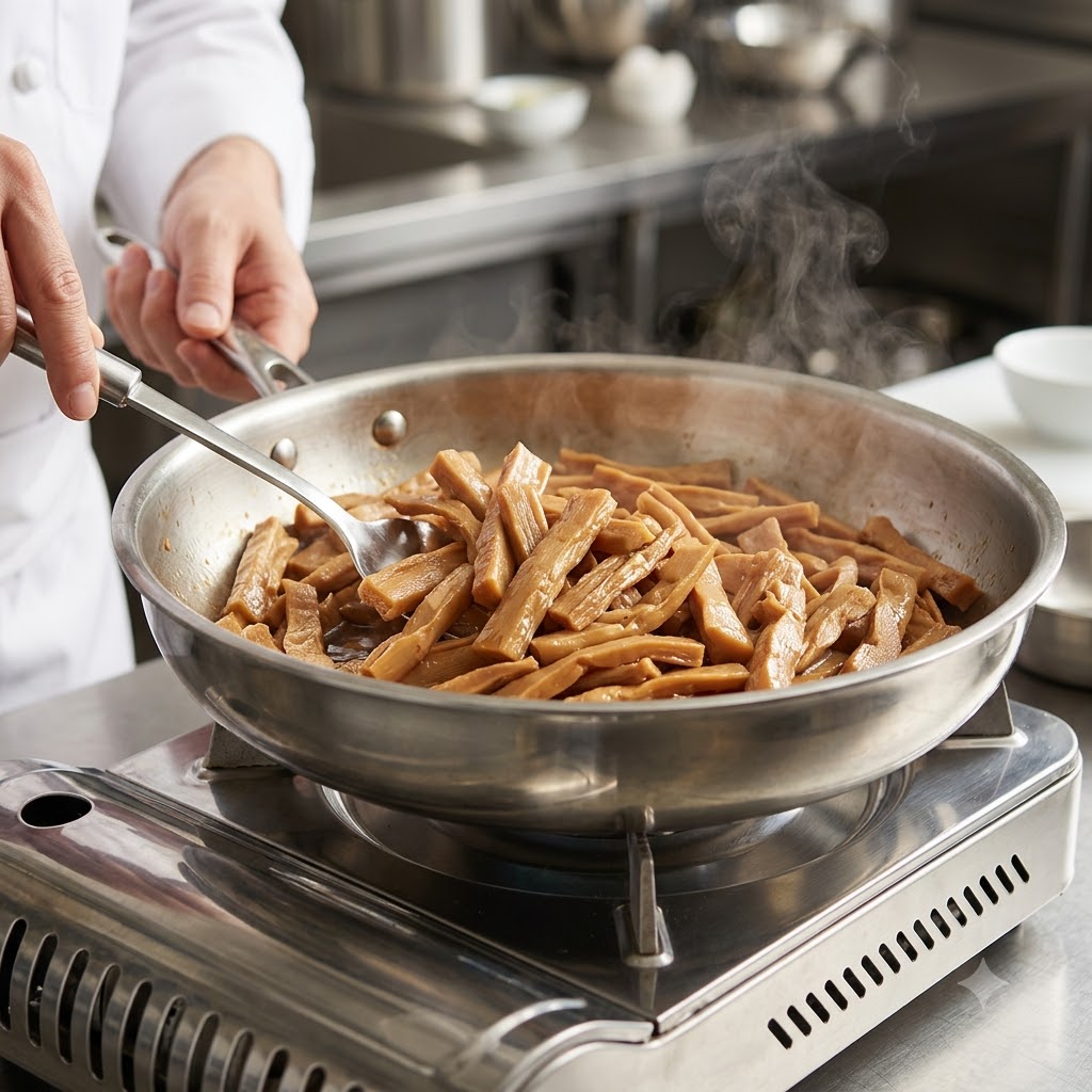 A chef stirring bamboo shoots in a stainless steel pan on a portable burner with steam rising.