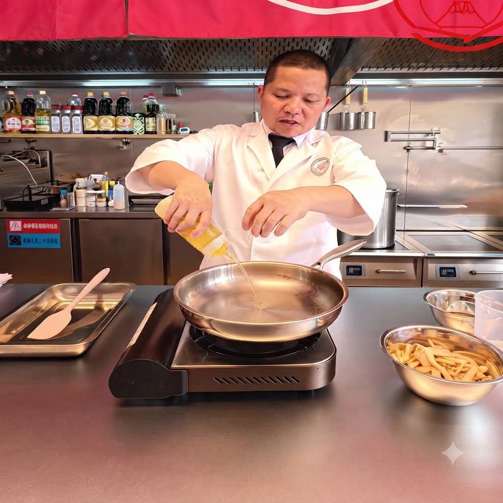 Oil being poured into a pan next to a bowl of raw bamboo shoots in a commercial kitchen.