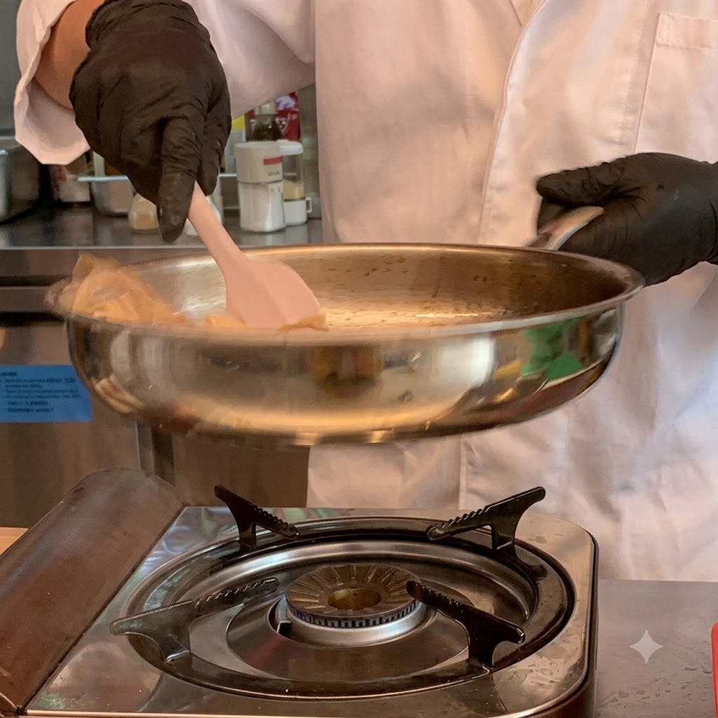 Dark soy sauce being added to bamboo shoots cooking in a pan over a gas burner.