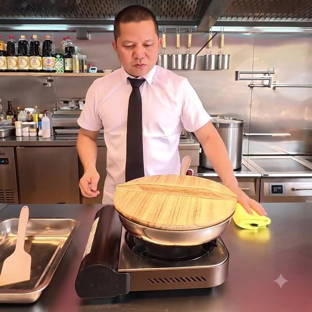 A wooden lid being placed over a pan containing cooked bamboo shoots.