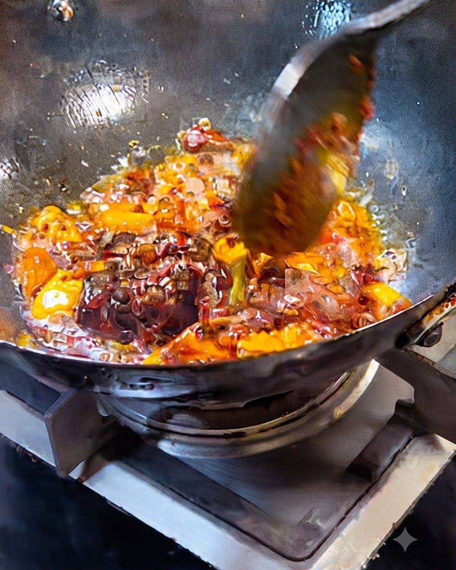 Spicy bean paste, hot pot seasoning, and aromatics sizzling in oil inside a wok.