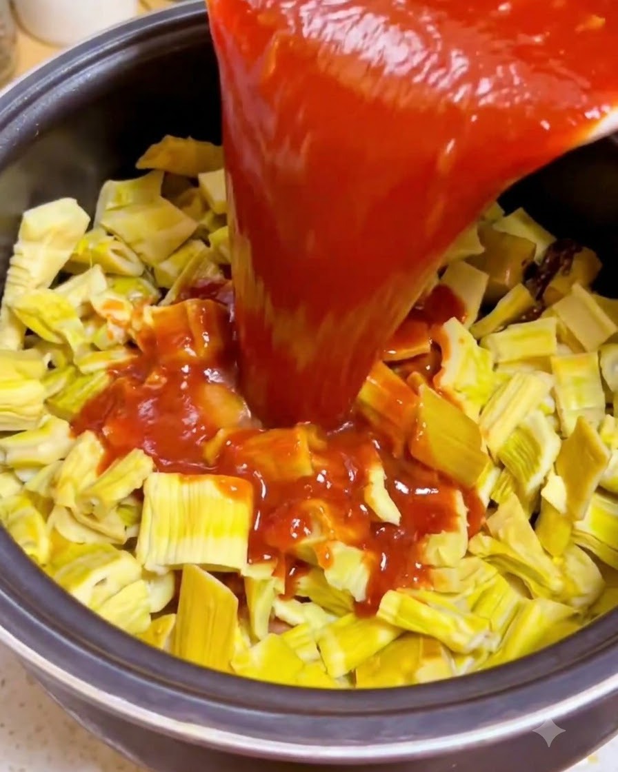 Rich red spiced broth being poured directly from a container into a pressure cooker filled with chopped bamboo shoots.