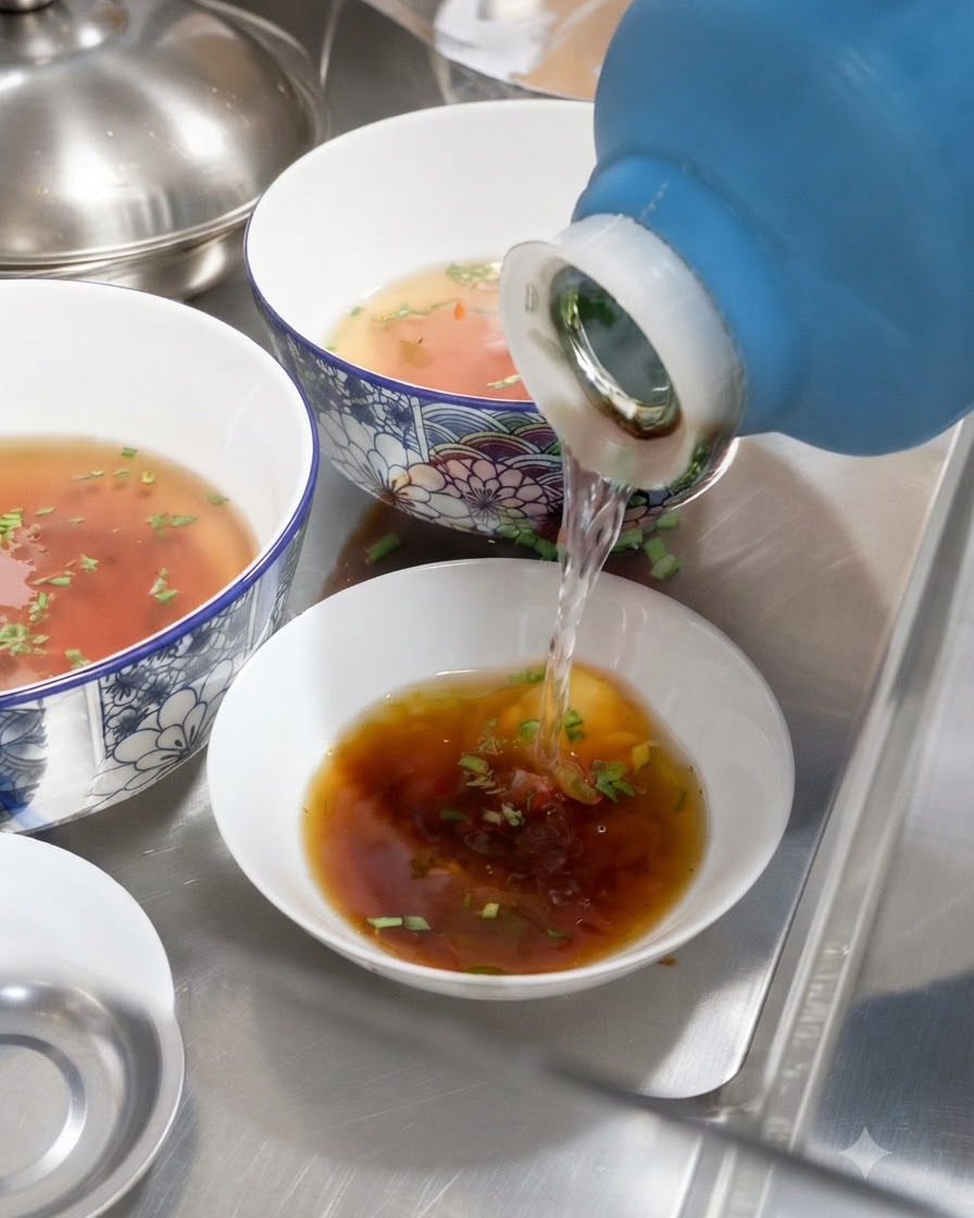 Hot water being poured from a blue thermos into a white bowl filled with soy sauce and chopped scallions.