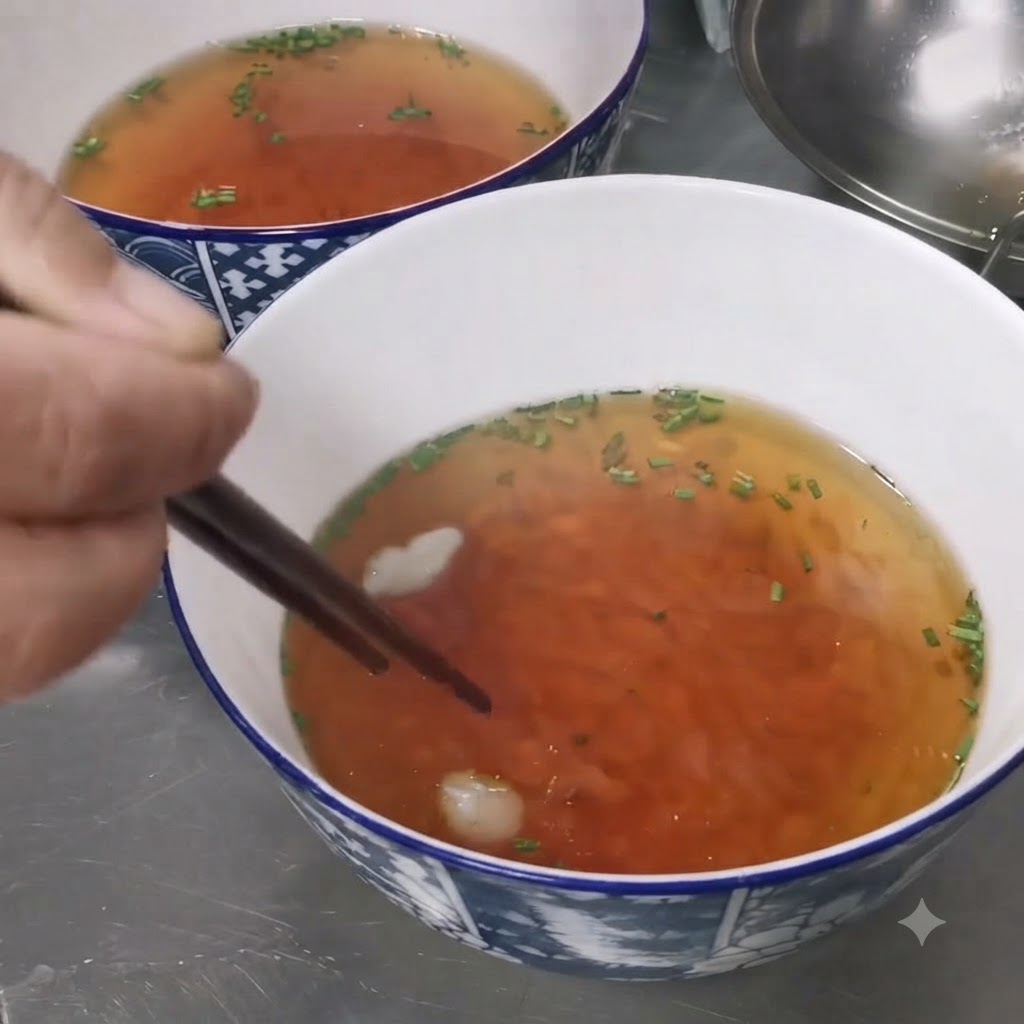 A pair of chopsticks placing a piece of white lard into a bowl of seasoned hot water.