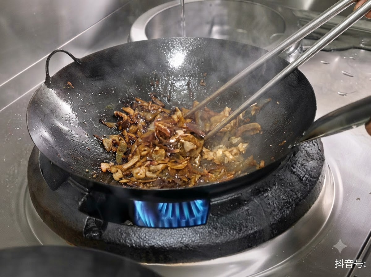 Water being poured into a black wok filled with stir-fried meat and bamboo shoot pieces over a flame.