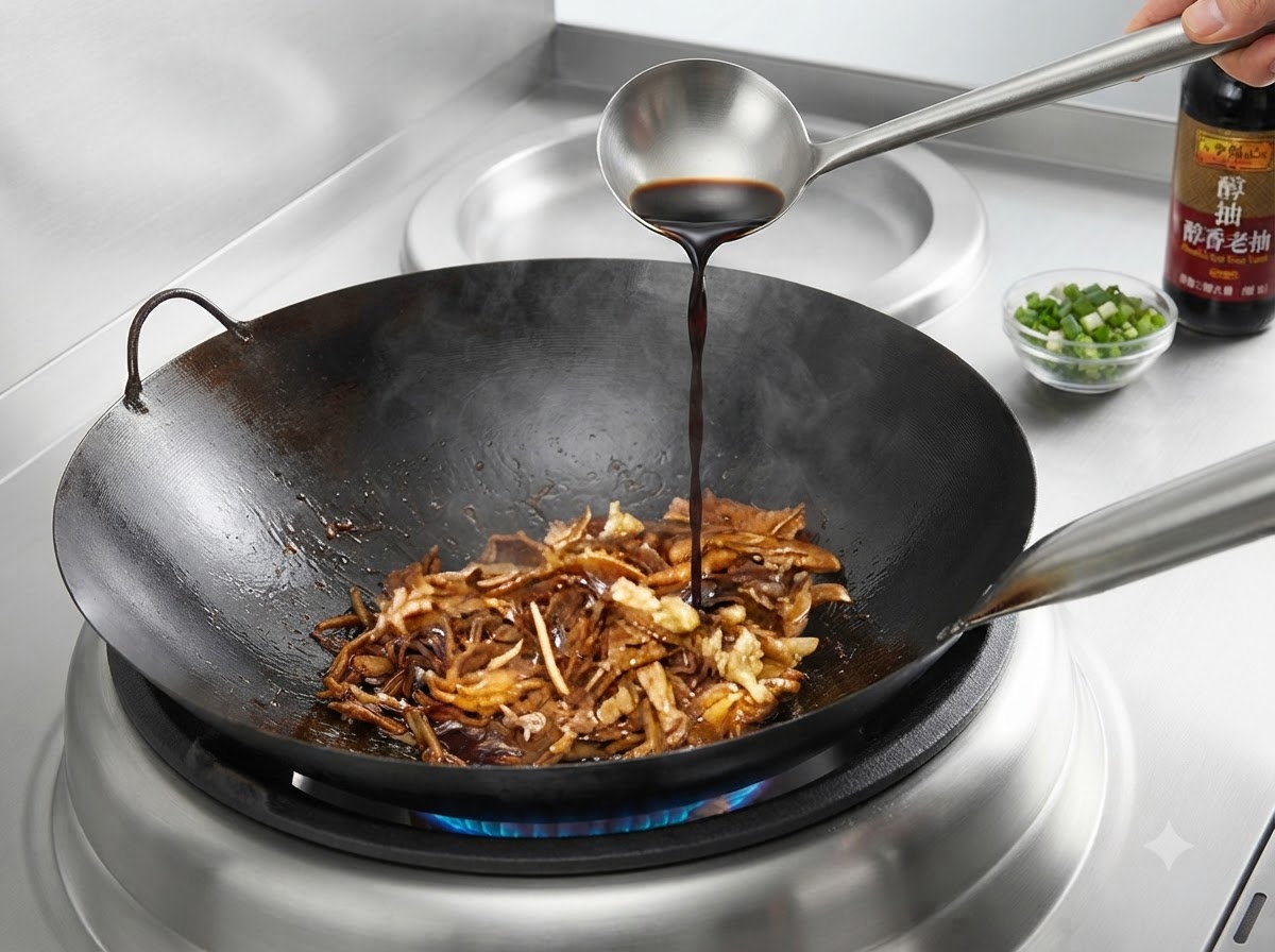 Dark soy sauce being poured from a metal ladle into a wok with braising meat and bamboo shoots.