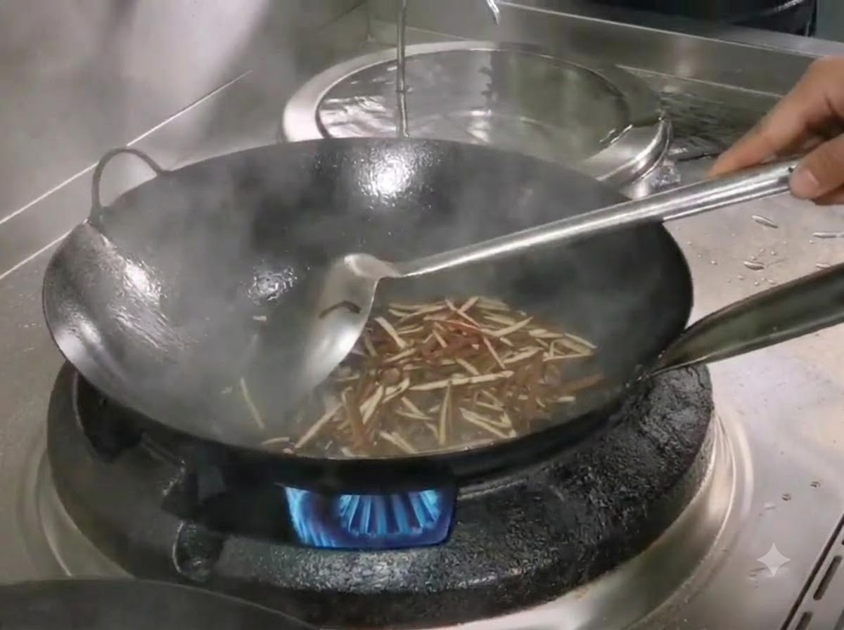 Dried bamboo shoot strips being stir-fried in a black wok using a metal spatula.