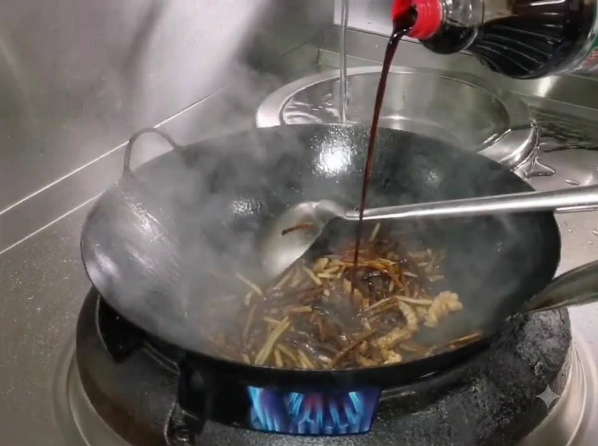 Light soy sauce being poured from a bottle into a steaming wok with bamboo shoots and meat.