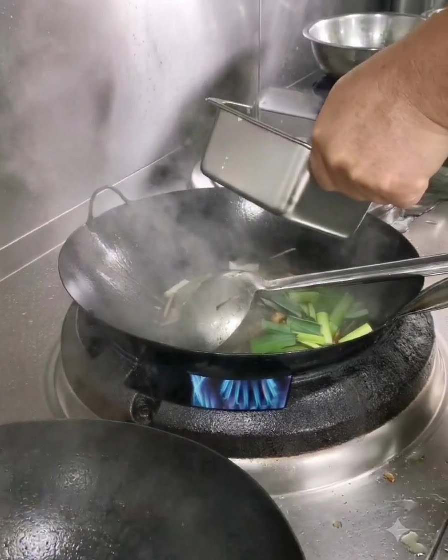Water starch being poured from a small container into the wok to thicken the sauce.