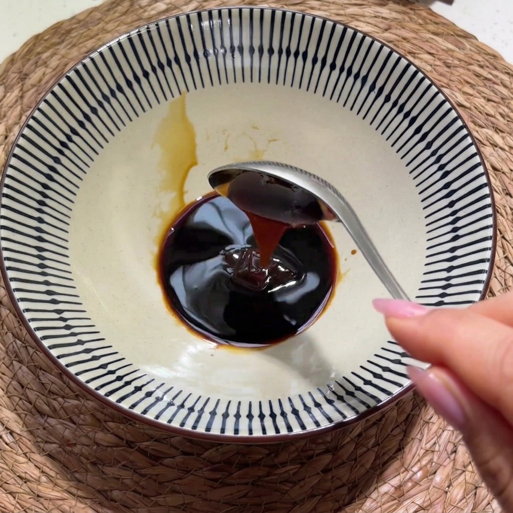 A small spoonful of white pepper powder and chicken essence being added into the dark sauce in the bowl.