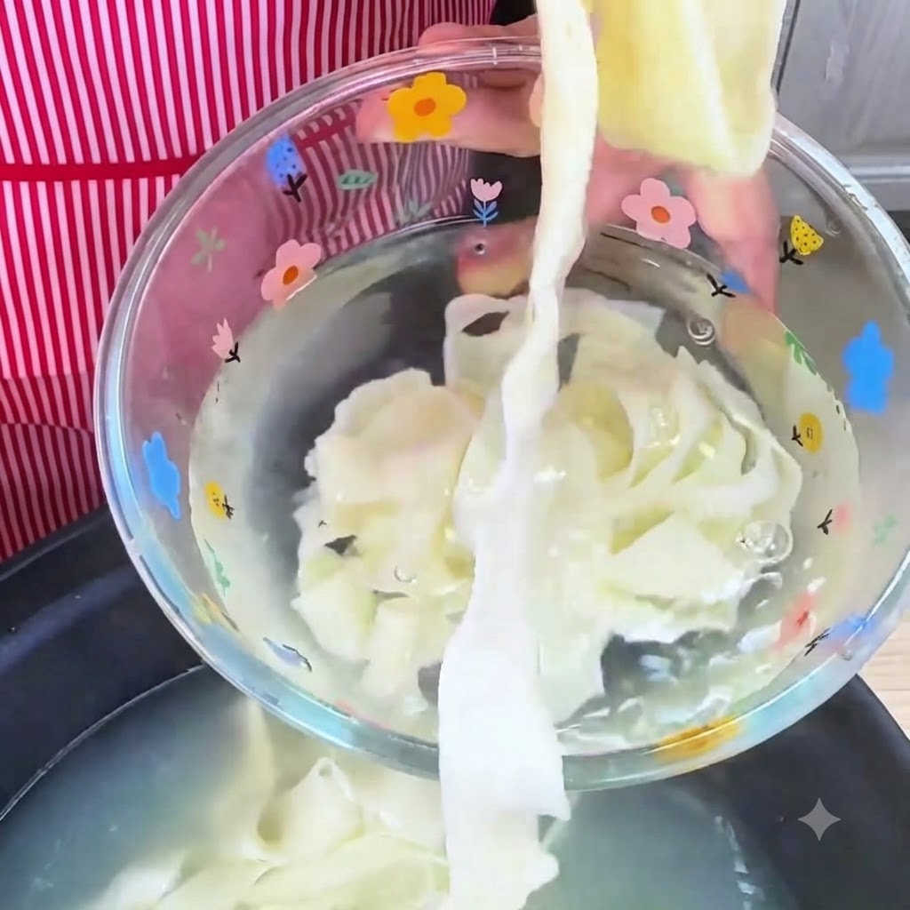 Cooked noodles being rinsed and cooled in a bowl of cold water.
