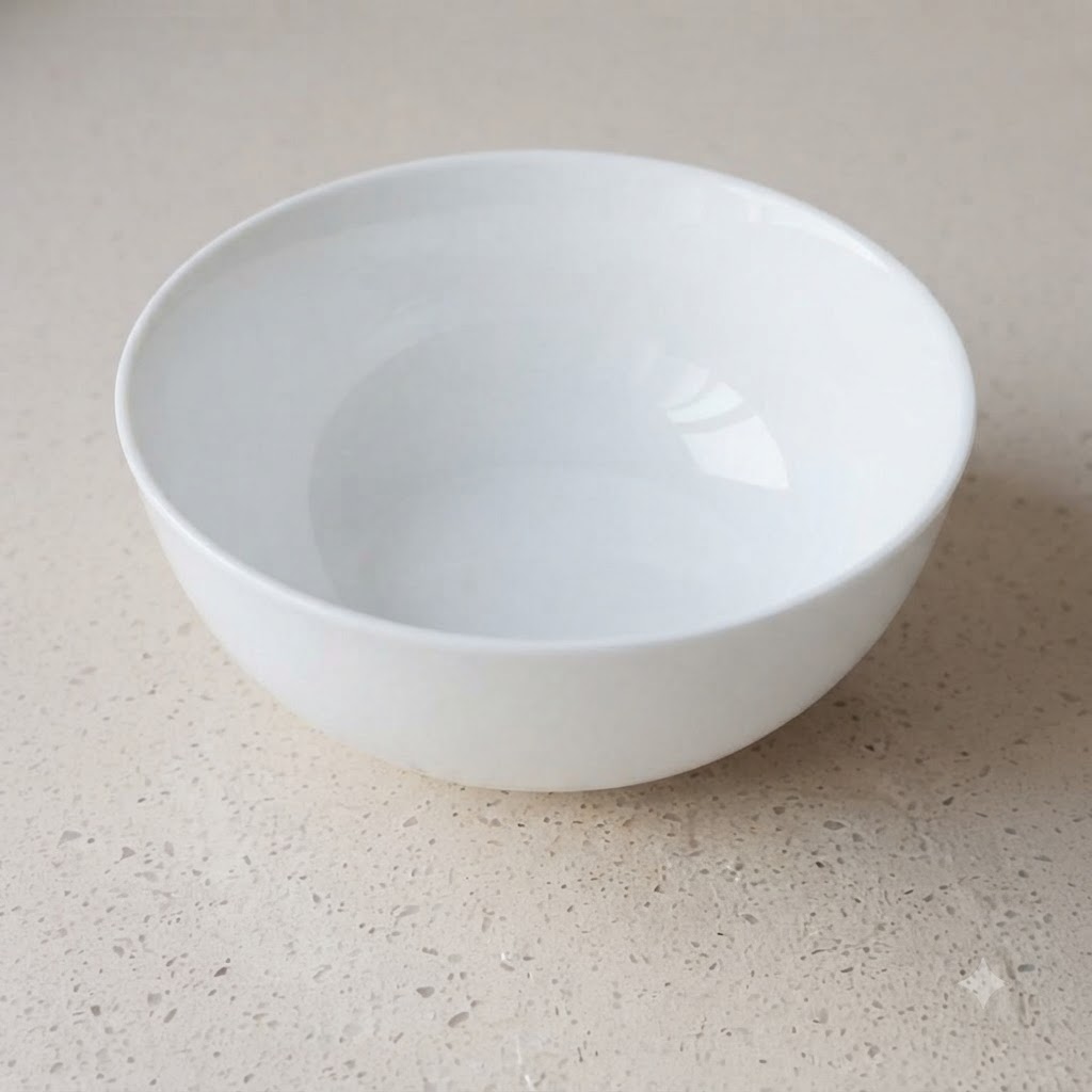 A metal spoon adding a measured pinch of salt into the center of a clean white serving bowl.