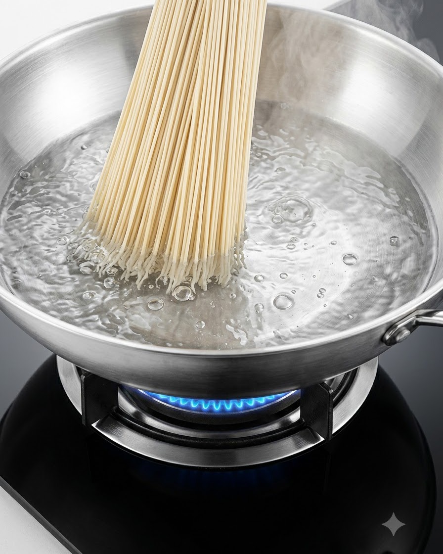A bunch of straight dry noodles being submerged into a large stainless steel pot of boiling water on a stove.