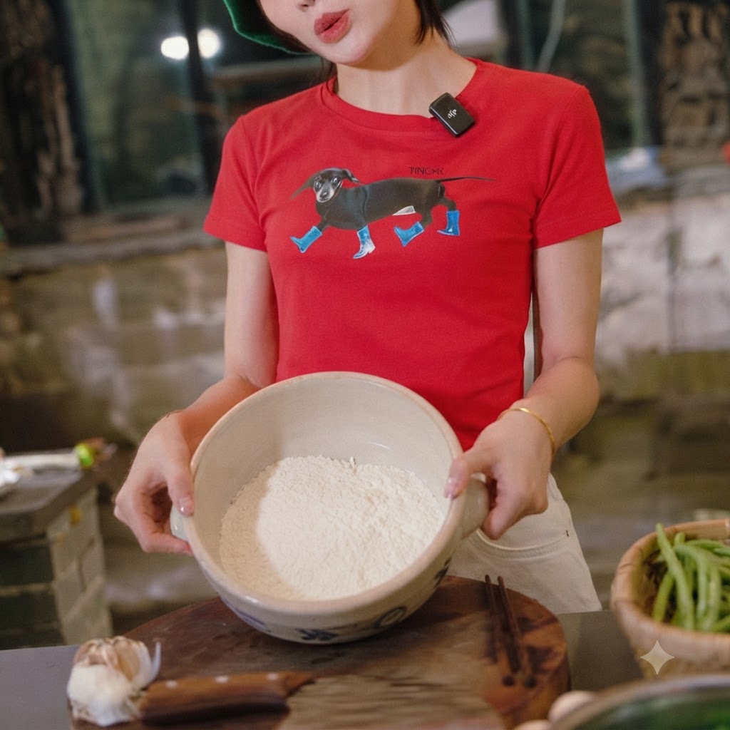 A spoonful of salt being added into a large bowl filled with white flour.