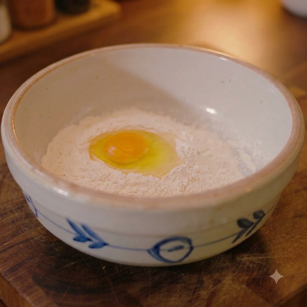 A raw egg with its yolk intact sitting on top of a bed of white flour inside a ceramic bowl.