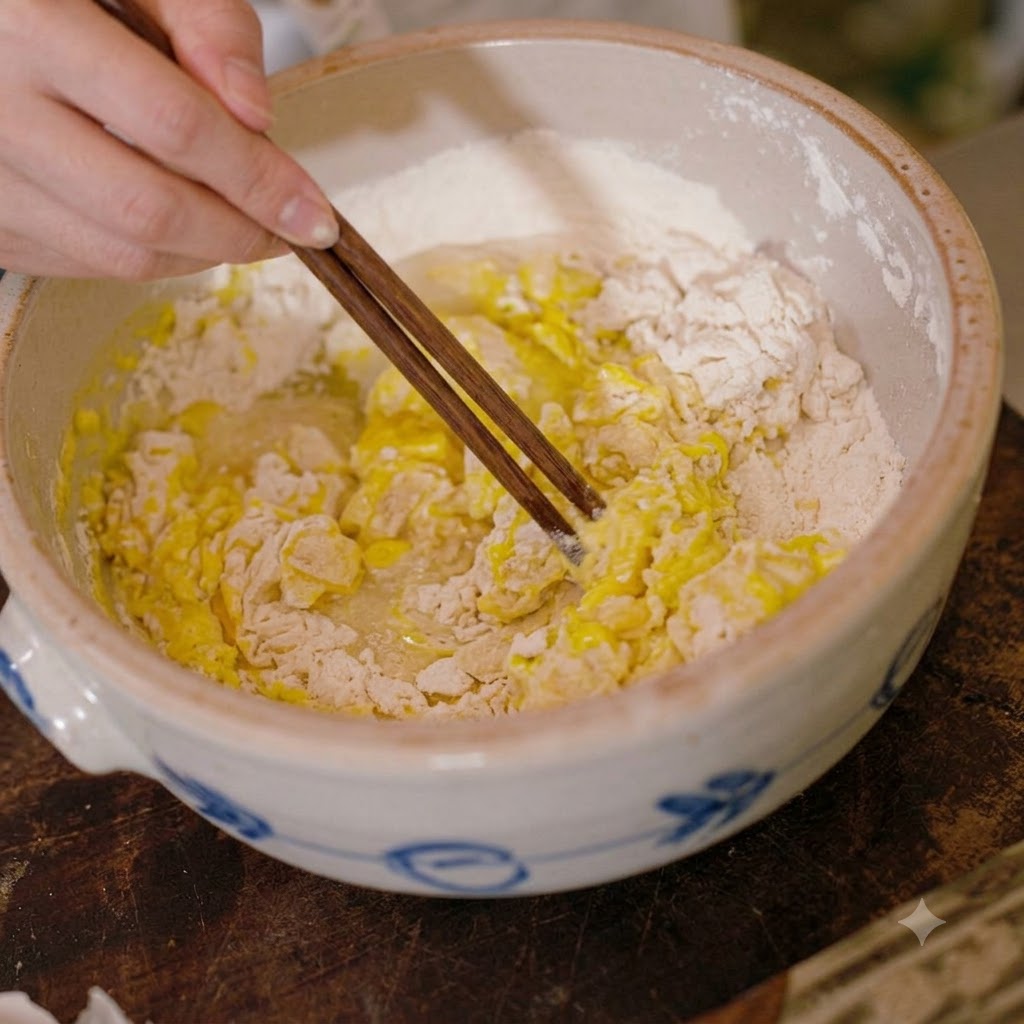 A pair of wooden chopsticks mixing the yellow egg and flour batter inside a ceramic bowl.