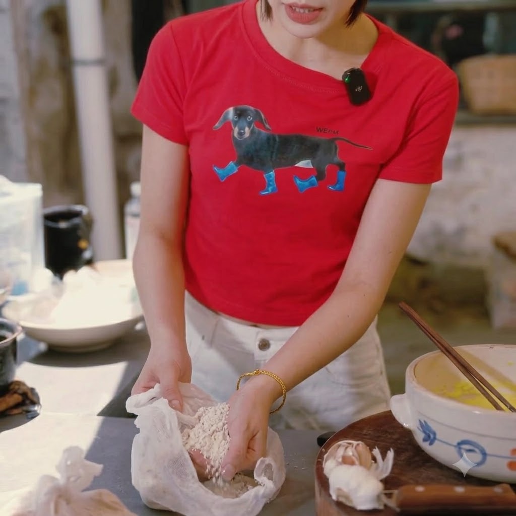 A person holding a cloth bag and sprinkling oat flour into the mixing bowl.