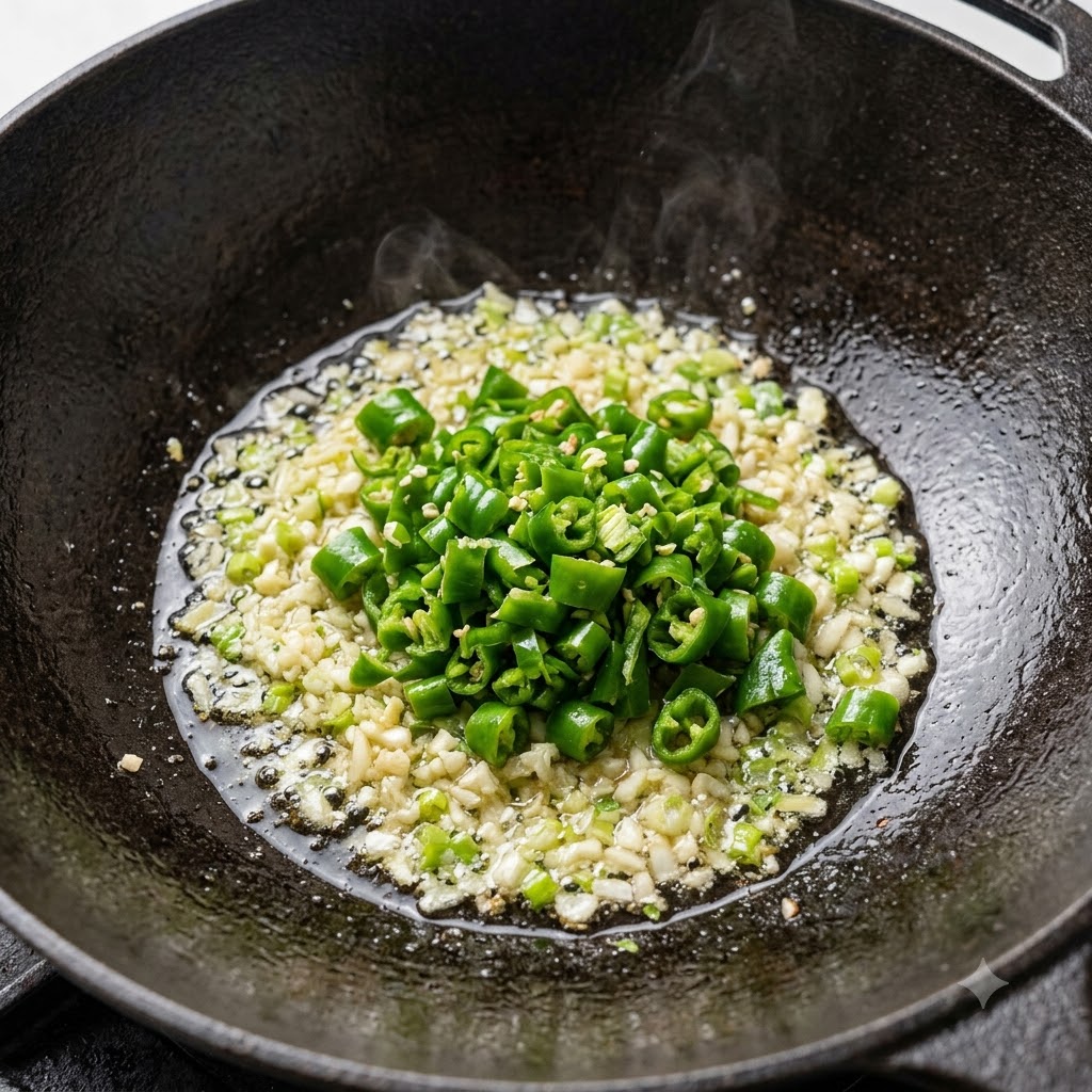 Finely chopped green chili peppers, garlic, and scallions sizzling in hot oil inside a black cast iron wok.