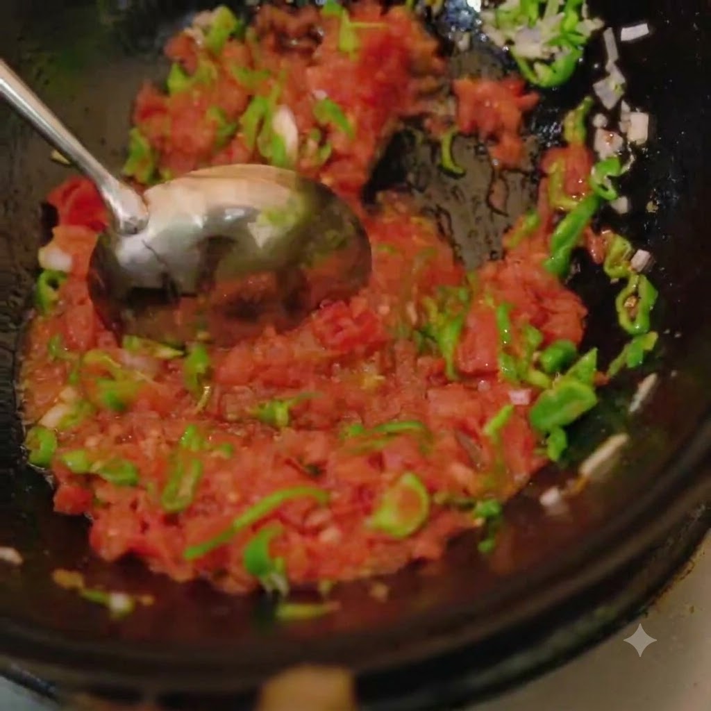 A metal spoon stirring bright red diced tomatoes into the cooked green chili and garlic mixture in a wok.