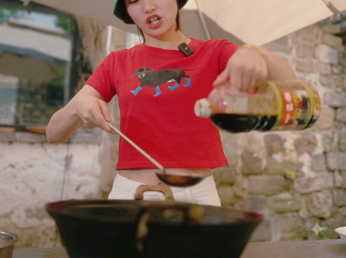 A person pouring light soy sauce from a bottle into a simmering wok containing tomato sauce.