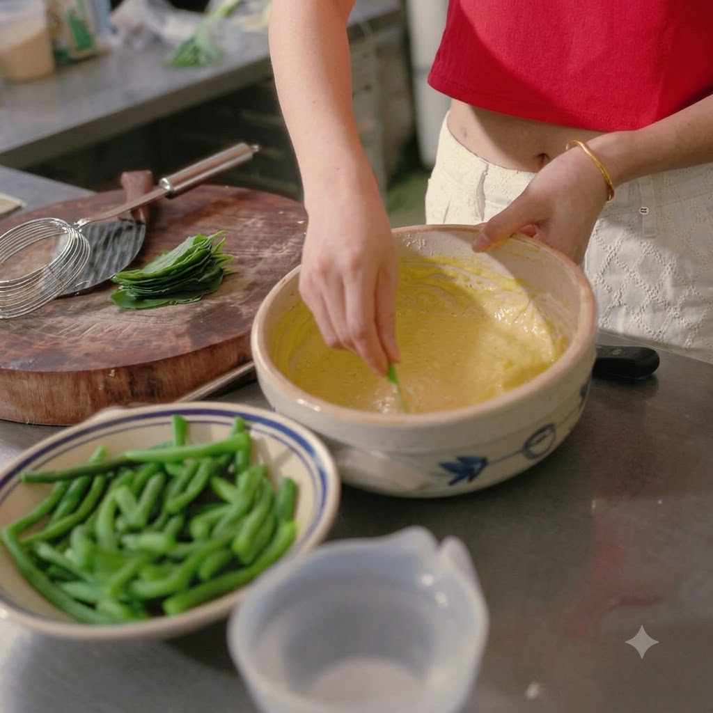 A hand using a small tool to coat a green bean inside a ceramic bowl filled with yellow batter, with a bowl of cooked green beans nearby.