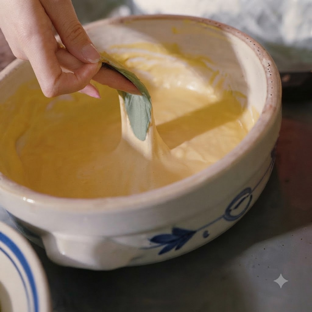 A hand dipping a single green leaf into a ceramic bowl filled with yellowish batter.
