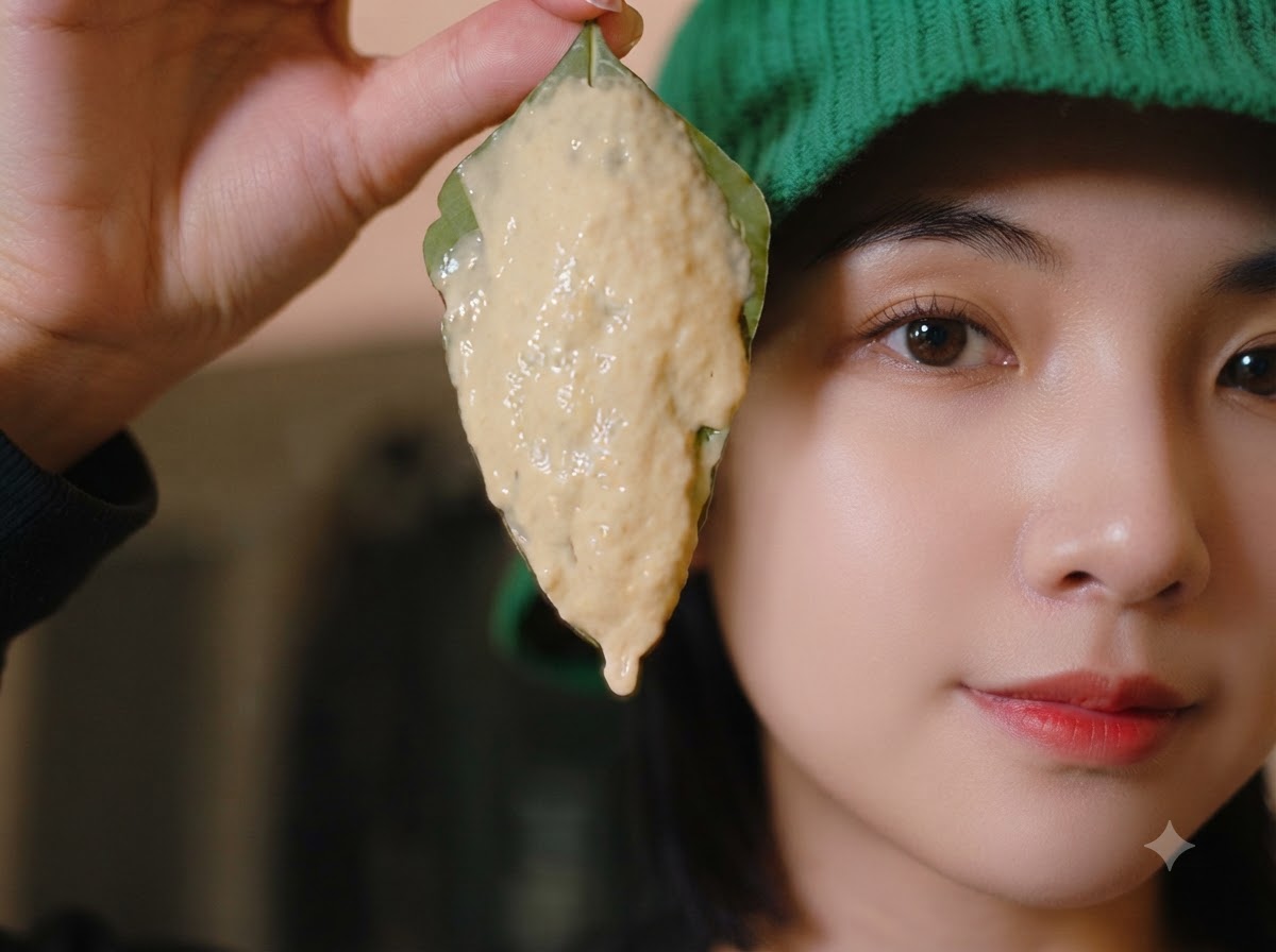 Close-up of a batter-coated leaf held up by a person next to their face.