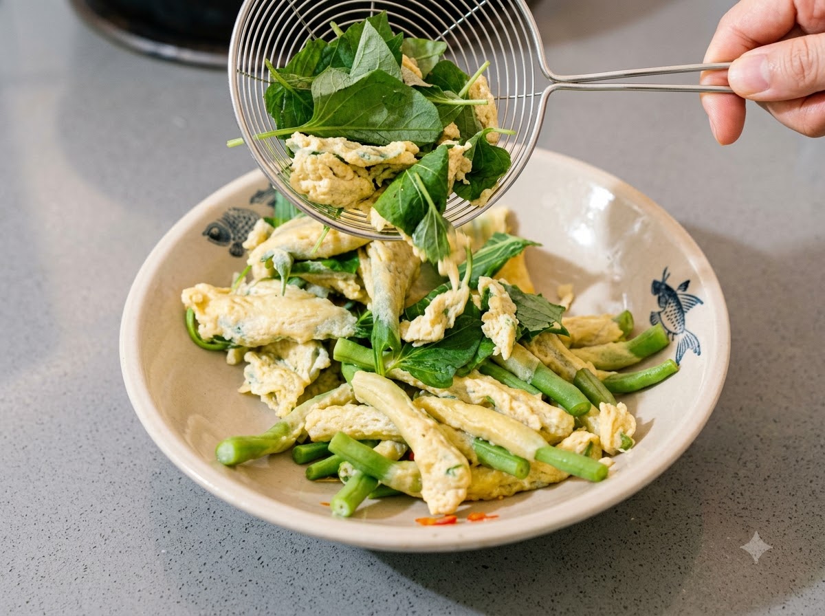 A wire skimmer holding freshly cooked battered leaves and green beans over a bowl.