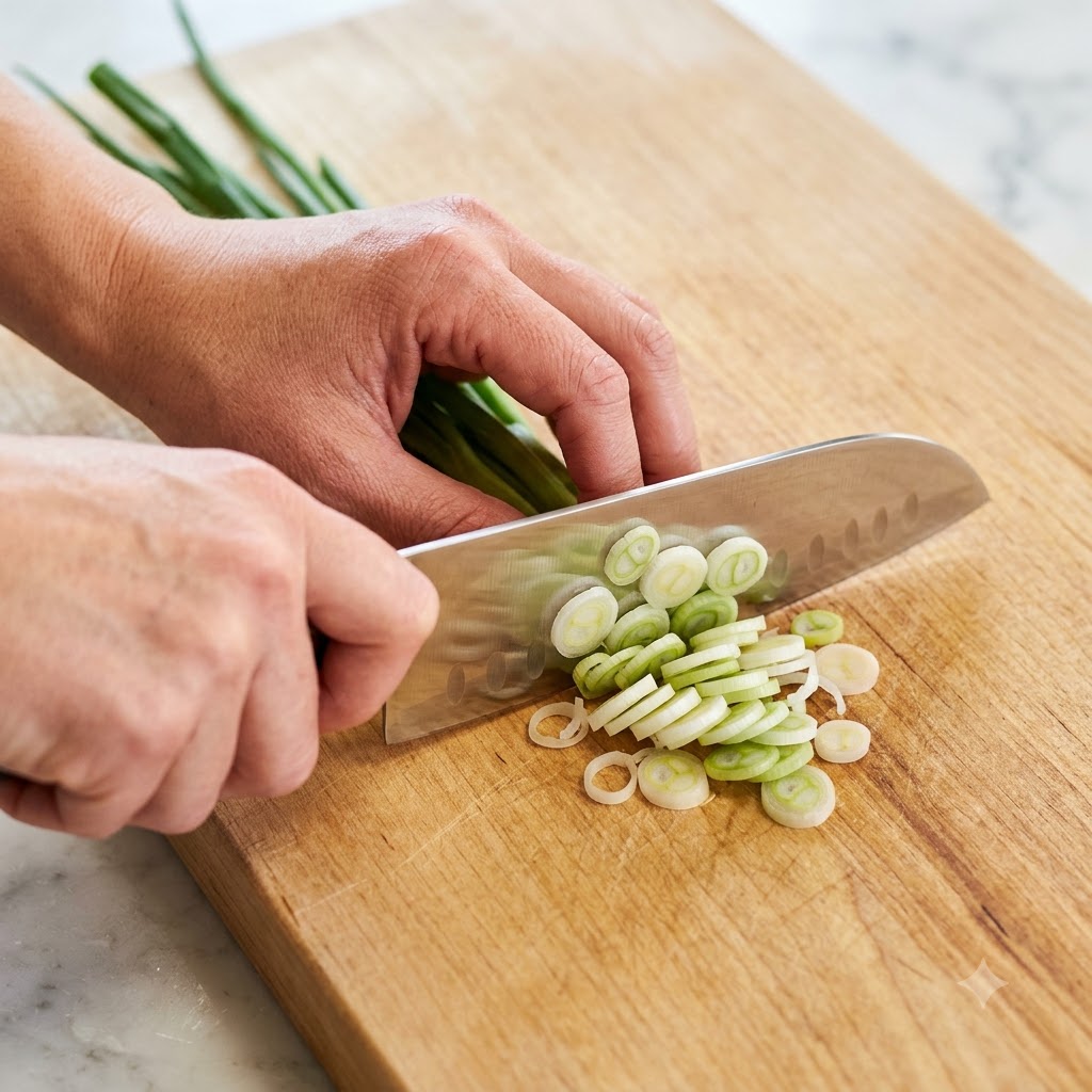 Green scallions being chopped into small round segments on a wooden board using a chefs knife.