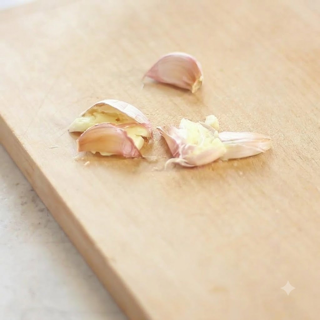 Fresh garlic cloves resting on a wooden board, partially crushed and ready for mincing.
