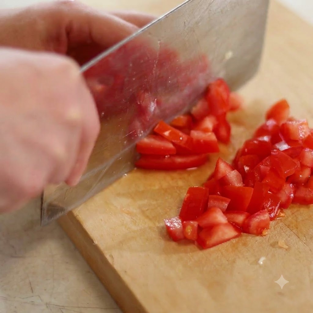 A red tomato being sliced and diced into small pieces with a large kitchen knife on a wooden board.