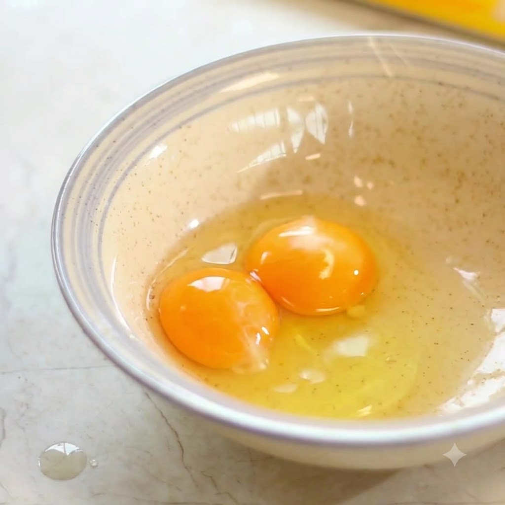 Two whole eggs cracked inside a speckled ceramic bowl, ready to be beaten with chopsticks.