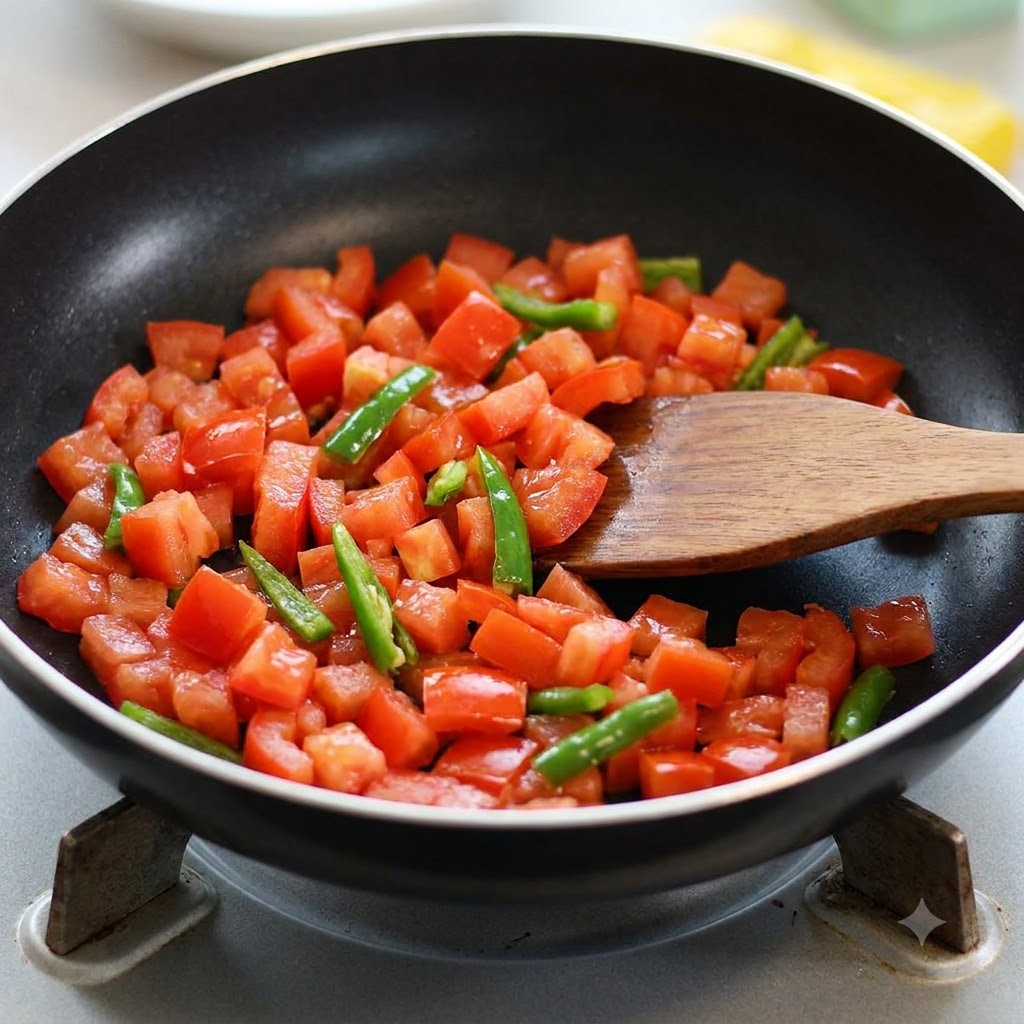 Tomatoes and green chilies being sautéed in a black pan with a wooden spatula.