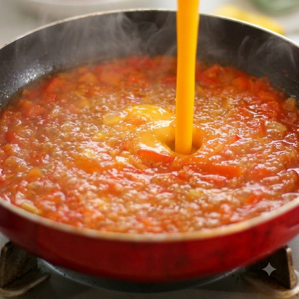 Water being poured from above into a bubbling red pan of cooked tomatoes.