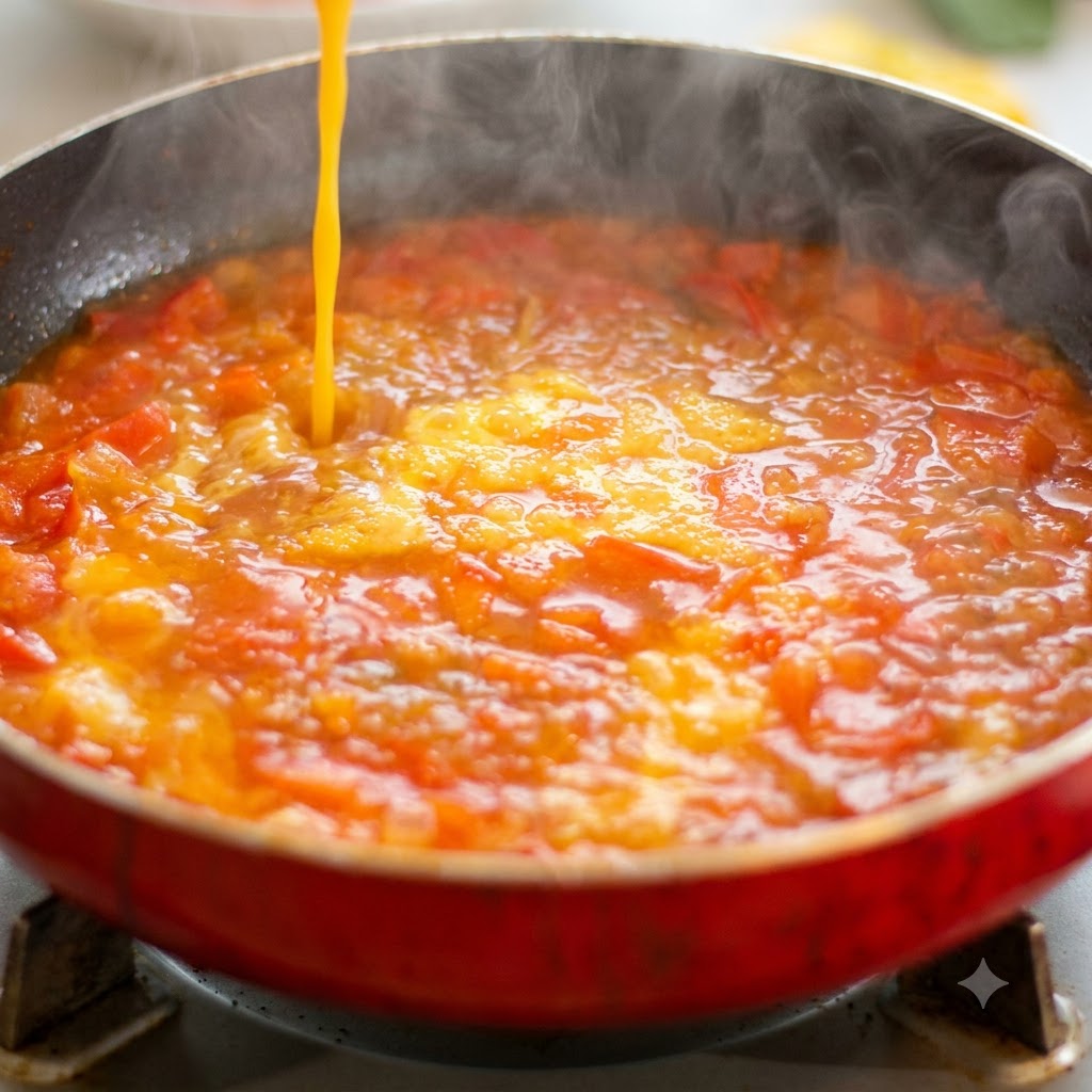 Beaten egg liquid being poured into the bubbling tomato soup base.