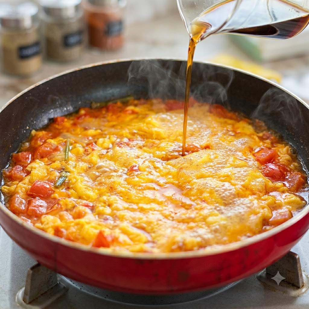 Light soy sauce being poured from a glass measuring cup into the simmering tomato and egg pan.
