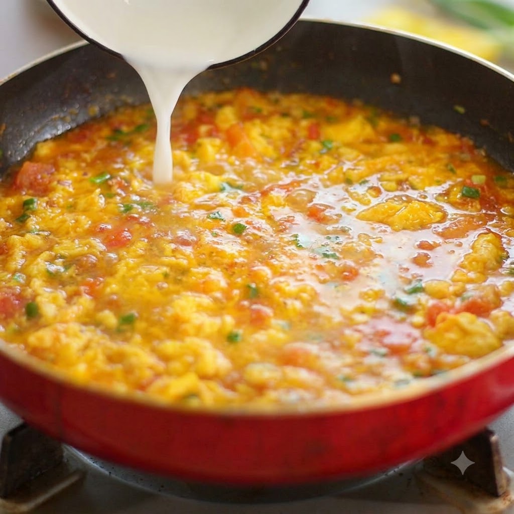 Water starch being poured from a white bowl into the bubbling pan to thicken the sauce.