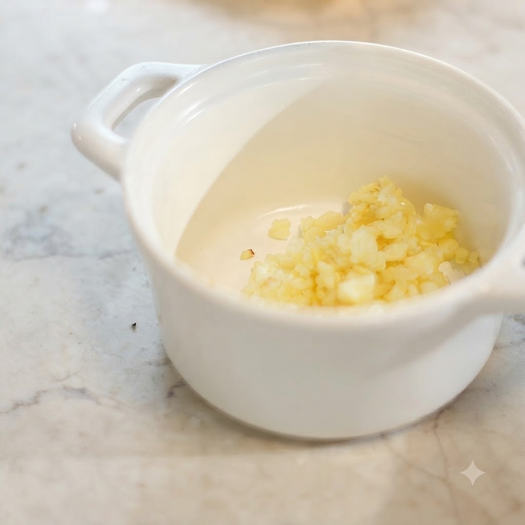 Minced garlic resting inside a small white ceramic bowl on a marble countertop.