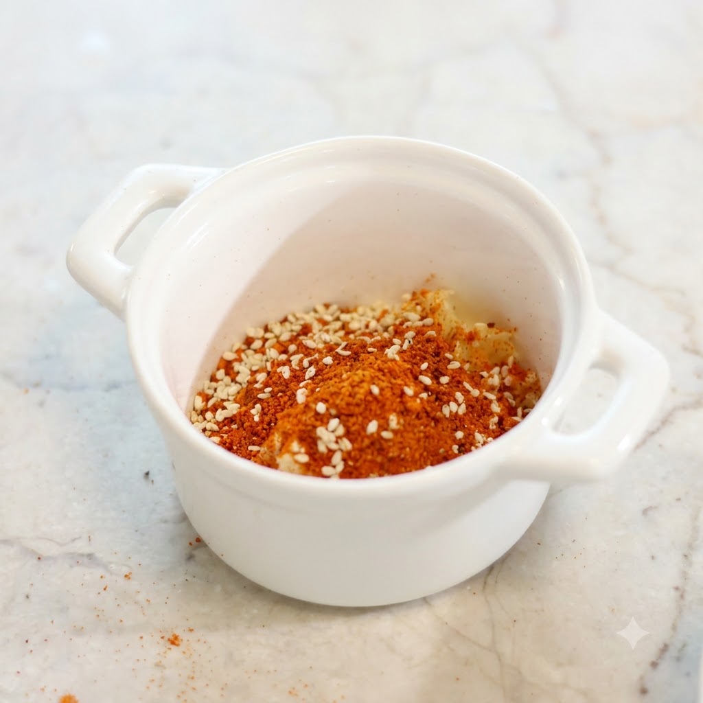 A close-up view of roasted chili powder and white sesame seeds layered over minced garlic inside a white bowl.