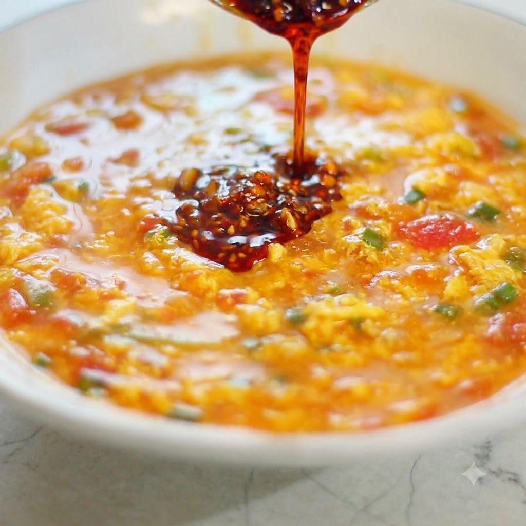 Dark aromatic chili oil being ladled and poured from a spoon into a vibrant tomato and egg sauce.
